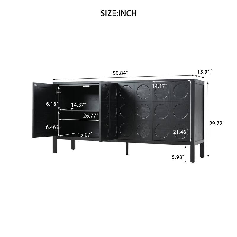 Stylish Sideboard with Unique Geometric Circle Door Design, Wooden Storage Cabinet with Adjustable Shelves for Entryway & Study