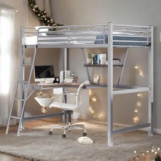 Twin Size Loft Bed with Built-in Desk and Shelf, Sturdy Metal & MDF Frame