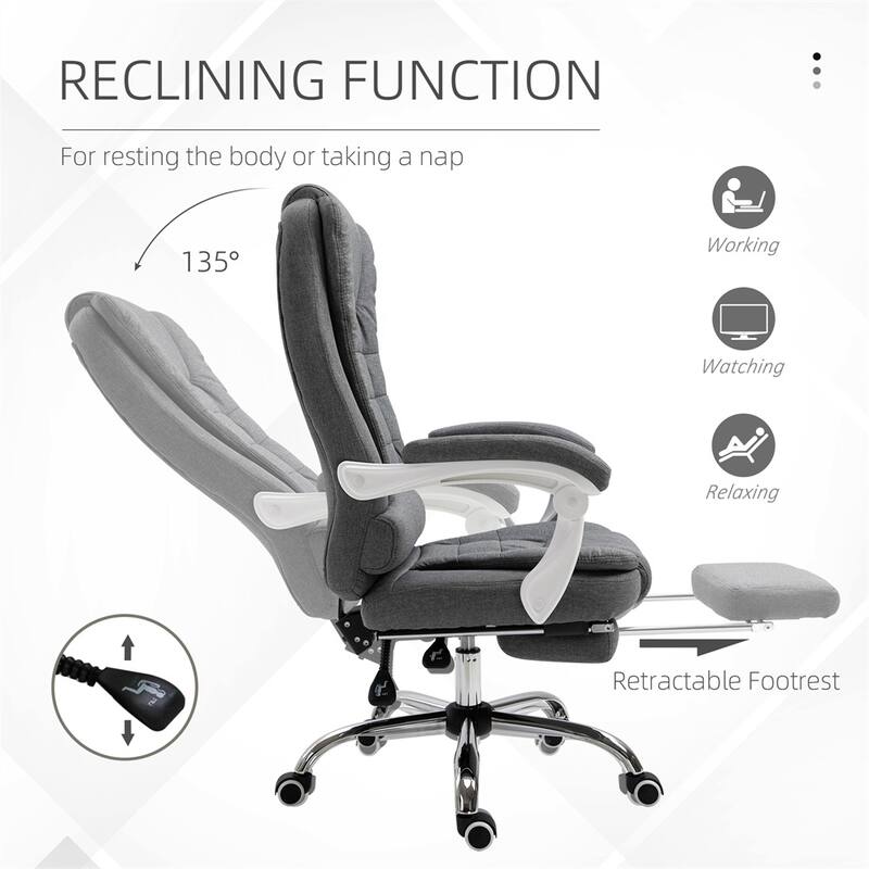 Pebble Grey Linen-Feel High-Back Office Chair with Recline and Footrest - 25.5" W x 27.5" D x 45.25" - 48" H