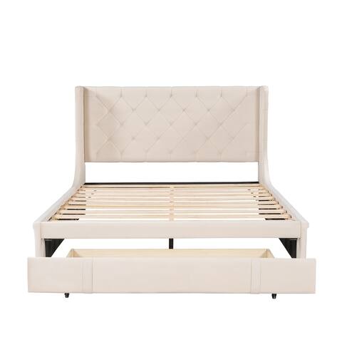 Queen Size Upholstered Platform Bed with Footside Drawer&Wingback Headboard, 84.4''L*65''W*45''H, 110LBS