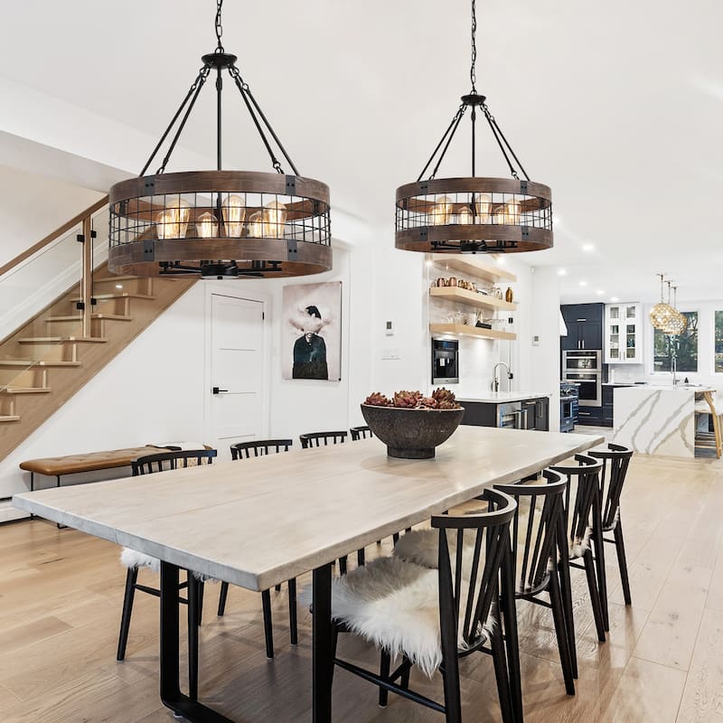 Modern Farmhouse Rustic 6-Light Wood Drum Chandelier for Dinning Room