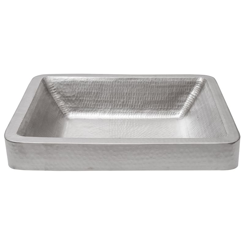 19" Rectangle Skirted Vessel Hammered Copper Sink in Nickel, Matching Drain and Accessories