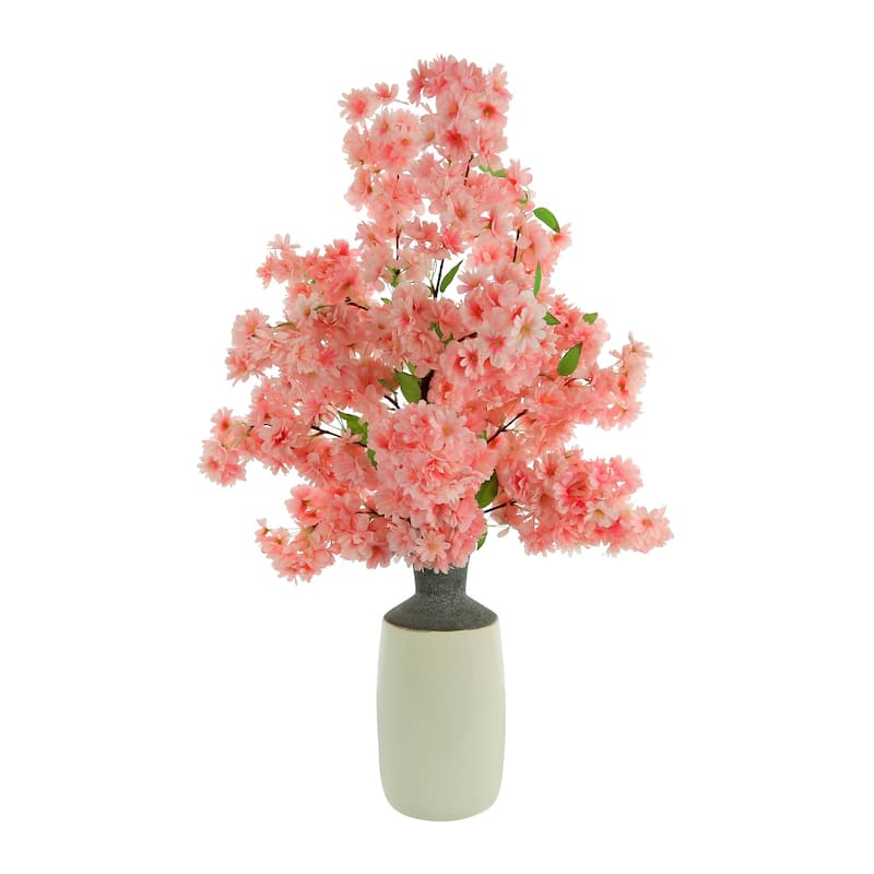 Cherry Blossom Florals in a Ceramic Vase - Pink, Cream, Gray