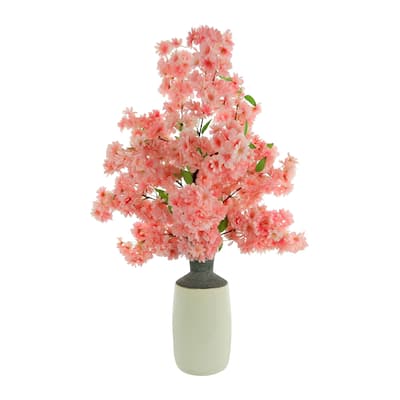 Cherry Blossom Florals in a Ceramic Vase - Pink, Cream, Gray