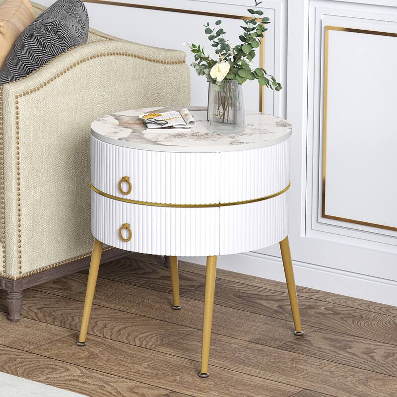 Myhozm Round End Table with Storage, Barrel-Shaped Nightstand for Living Room, Bedroom - White Marble/Gold