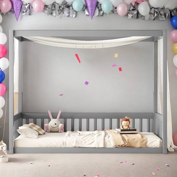slide 2 of 33, American Design Wooden Canopy Twin Size Floor Bed with Fence and Guardrails Grey