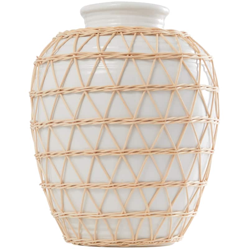White Ceramic Handmade Vase with Woven Rattan Exterior - 11"W, 14"H