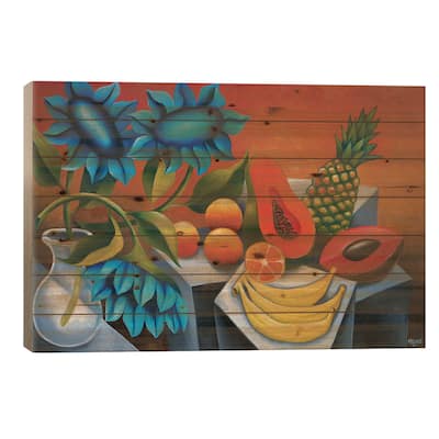Fruits With Blue Flower Print On Wood by Dixie Miguez - Multi-Color