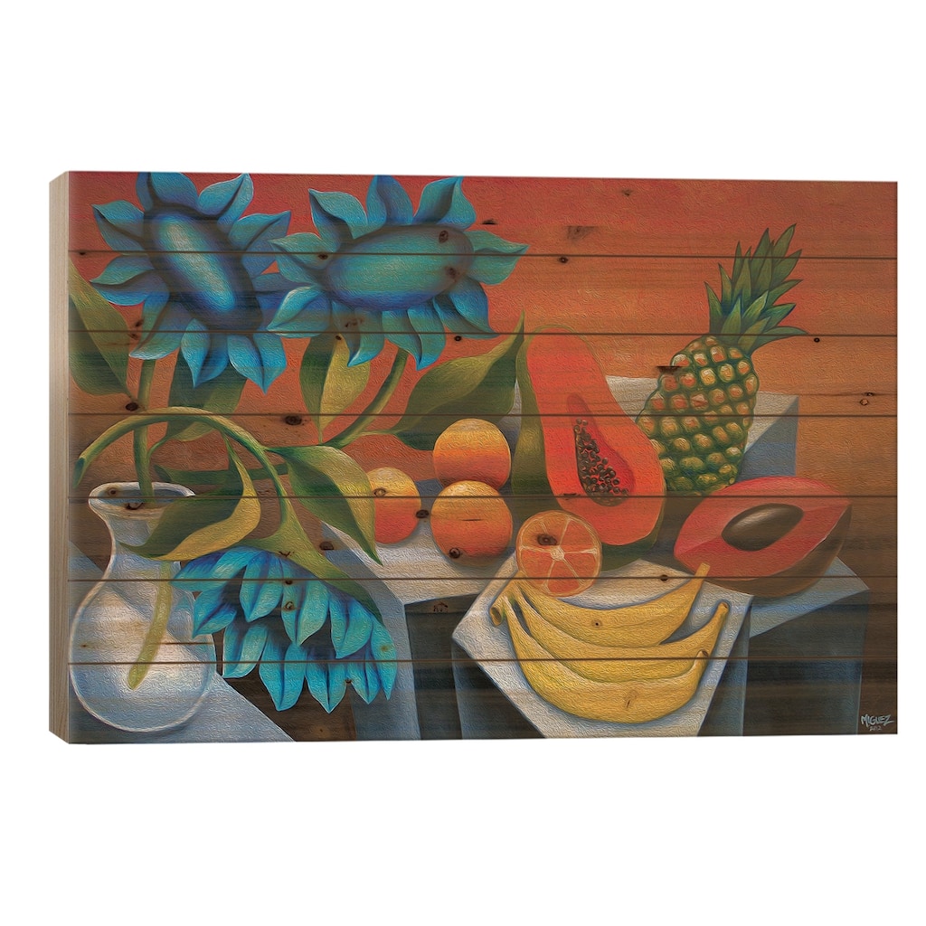 Fruits With Blue Flower Print On Wood by Dixie Miguez - Multi-Color