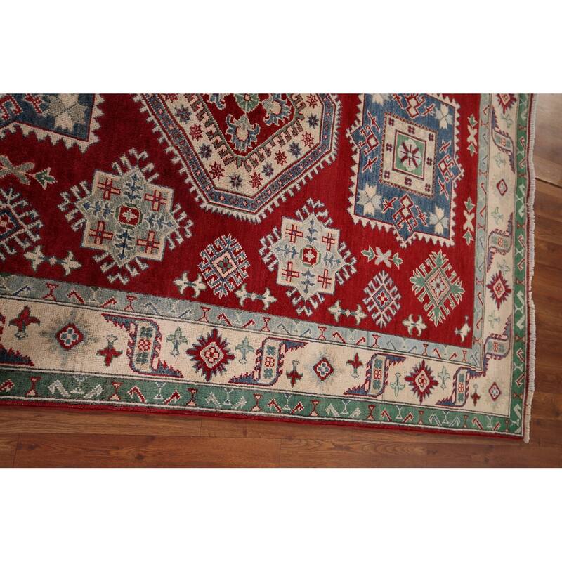 Geometric Red Kazak Oriental Area Rug Hand-Knotted Wool Carpet - 5'1" x 6'8"
