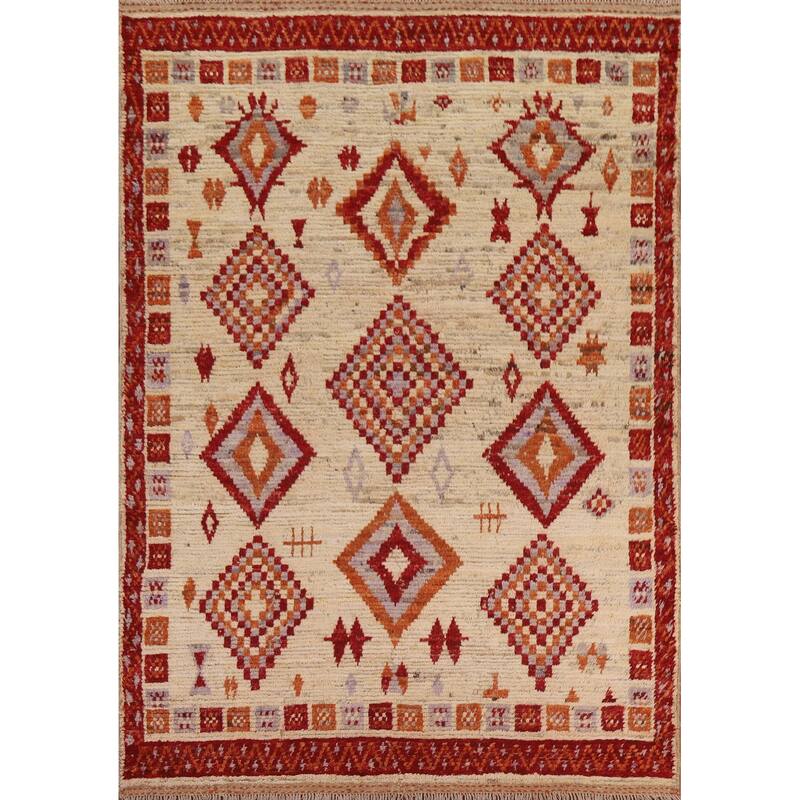 Hand Knotted Oriental 100% Wool Carpet Modern Tribal Beige & Ivories Moroccan Area Rug - 7' 10'' X 5' 9''
