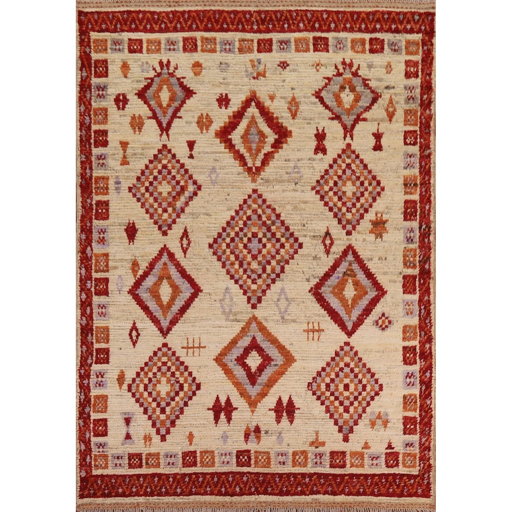 Hand Knotted Oriental 100% Wool Carpet Modern Tribal Beige & Ivories Moroccan Area Rug - 7' 10'' X 5' 9''