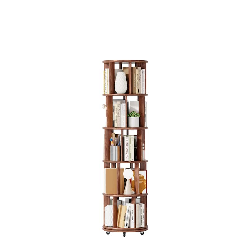 100%Solid Wood Rotating Bookshelf on Wheels,5 Tier, Round Revolving Bookcase, 360°Spinning Book Shelf Tower, Narrow Bookshelves