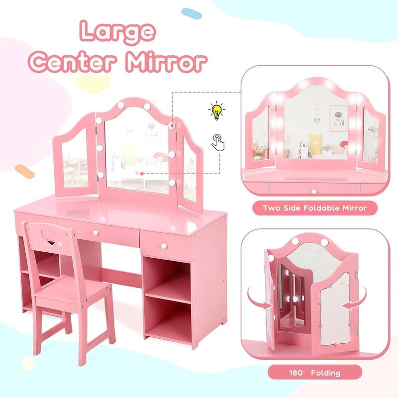 Kids Vanity Set, 2-in-1 Princess Makeup Table with Tri-Folding Mirror & Drawer