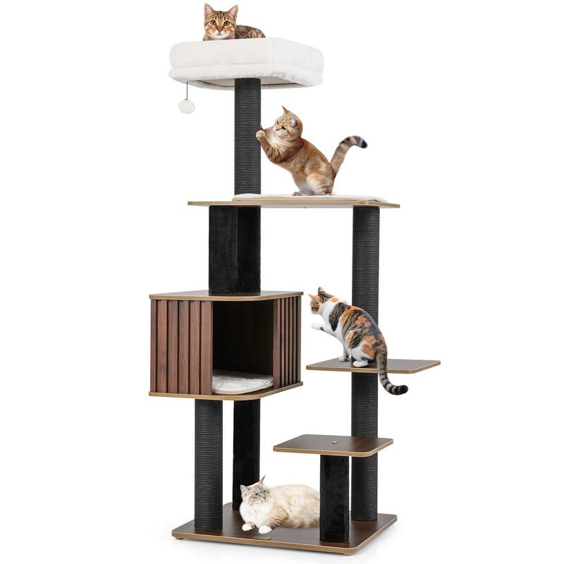 Gymax 59.5'' Tall Cat Tower w/Cushion Top Perch Detachable Mats