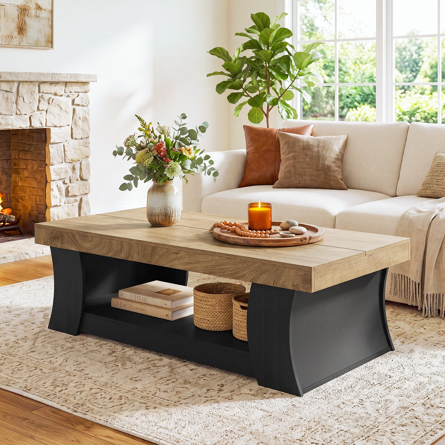 55" Coffee Table, Living Room Table with Storage Shelf