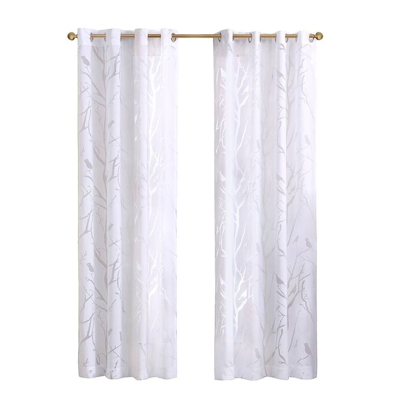 Grommet Top Sheer Bird on Branches Burnout Window Curtain