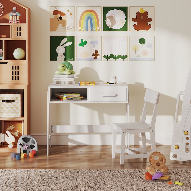 Kids Study Table and Chair Set with Storage Drawer and Hutch and Pine Wood Frame for 3 Over Years Old - 33.5" x 19" x 27.5" - White