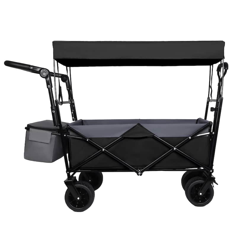 With Push Handle, 480Lbs Collapsible Wagon with Canopy, Wagon cart with 7" All-Terrain Wheels, Large Capacity, Shopping, Sports - Black