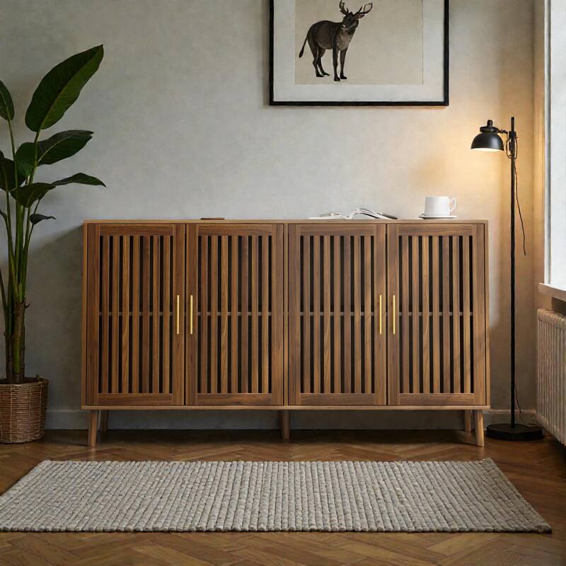 63 Inch Walnut Sideboard Buffet Cabinet with Storage, 4 Door Grille Design Accent Cabinet for Dining Room - Walnut