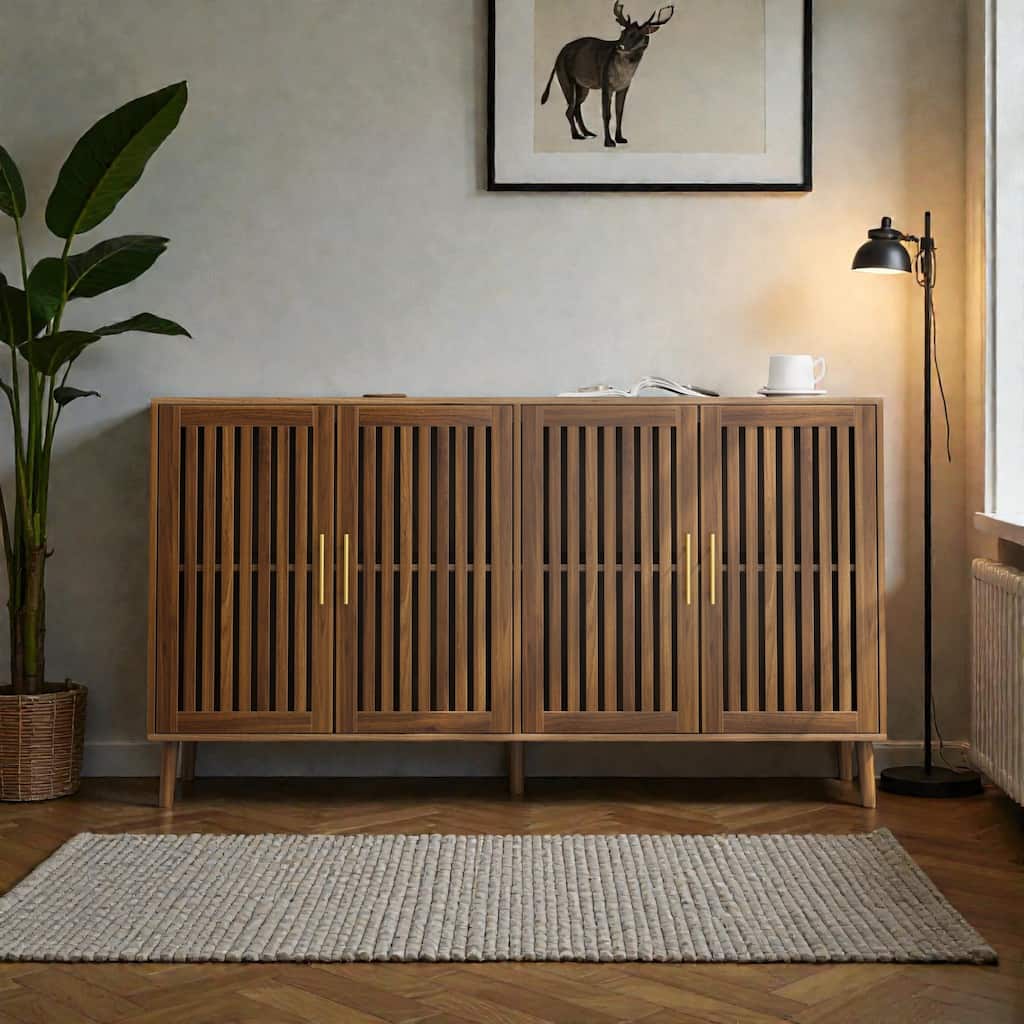 63 Inch Walnut Sideboard Buffet Cabinet with Storage, 4 Door Grille Design Accent Cabinet for Dining Room
