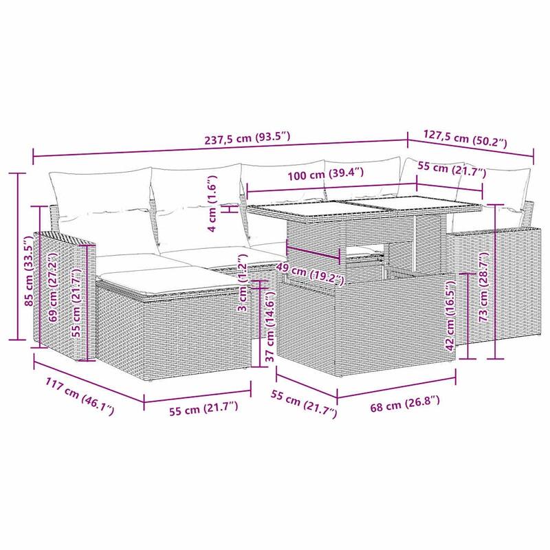 vidaXL Patio Sofa Set with Cushions and Table Outdoor 7 Piece Poly Rattan