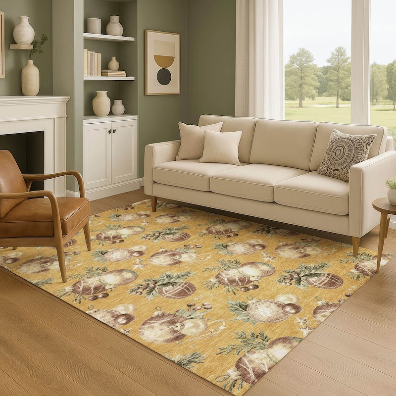 Premium Washable Super Soft Holiday Ornament Mayfield Rug - Gold - 9' x 12'