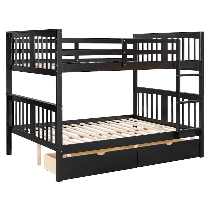 Full Over Full Bunk Bed with Drawers and Ladder, Space-Saving Bedroom Furniture in Espresso