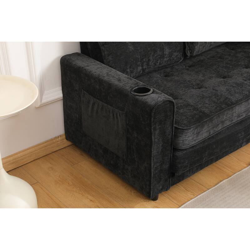 Sofa Bed with Pull-Out Straps, Velvet Sleeper Sofa with Side Storage Bags, Convertible Lounge Chaise Loveseat Daybed