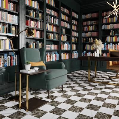 Merola Tile Marbilia Chess Marquina Gold 17-3/8" x 17-3/8" Porcelain Floor and Wall Tile