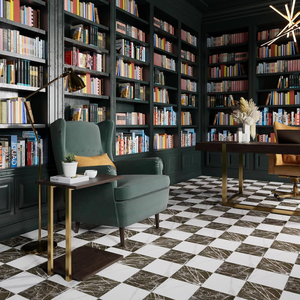 Merola Tile Marbilia Chess Marquina Gold 17-3/8" x 17-3/8" Porcelain Floor and Wall Tile
