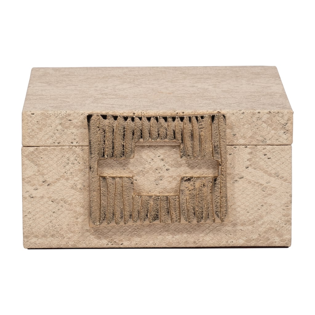Sagebrook Home Decorative Box Wood MDF Faux Leather with Faux Snakeskin Texture and Gold-Tone Geometric Latch 8" Tan