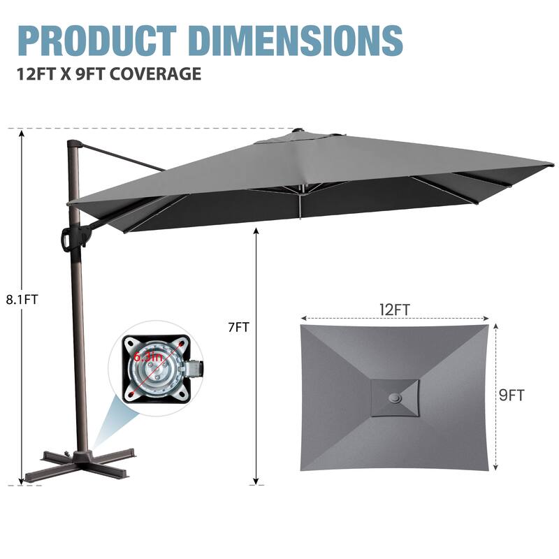 VredHom Outdoor Patio 9 FT x 12 FT Cantilever-Offset Umbrella