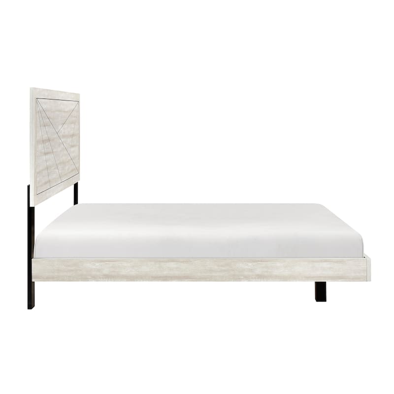 Full Size Oak Wooden Panel Bed with Line Pattern Headboard