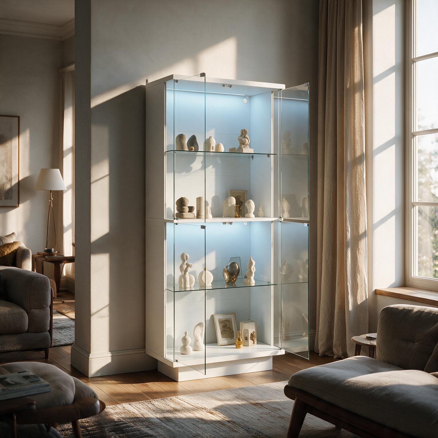 Modern Lighted Display Cabinet with 4 Glass Doors,4-Tier Curio Storage for Collectibles and Décor