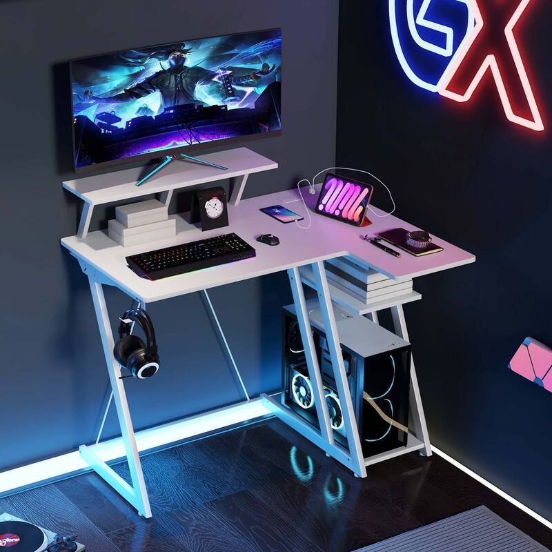 Costway L Shaped Gaming Desk with Outlets & USB Ports Monitor Shelf