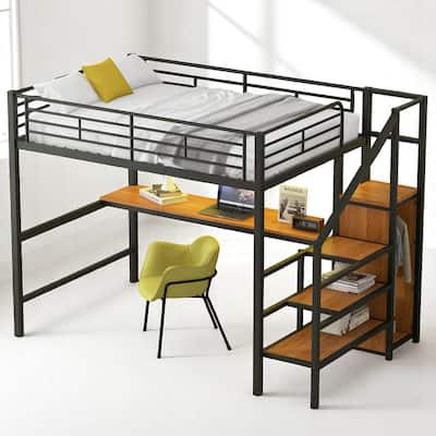 Full Metal Loft Bed with Built-in Desk, Stair Storage, Clothes Rack Wardrobe & Color LED Lighting