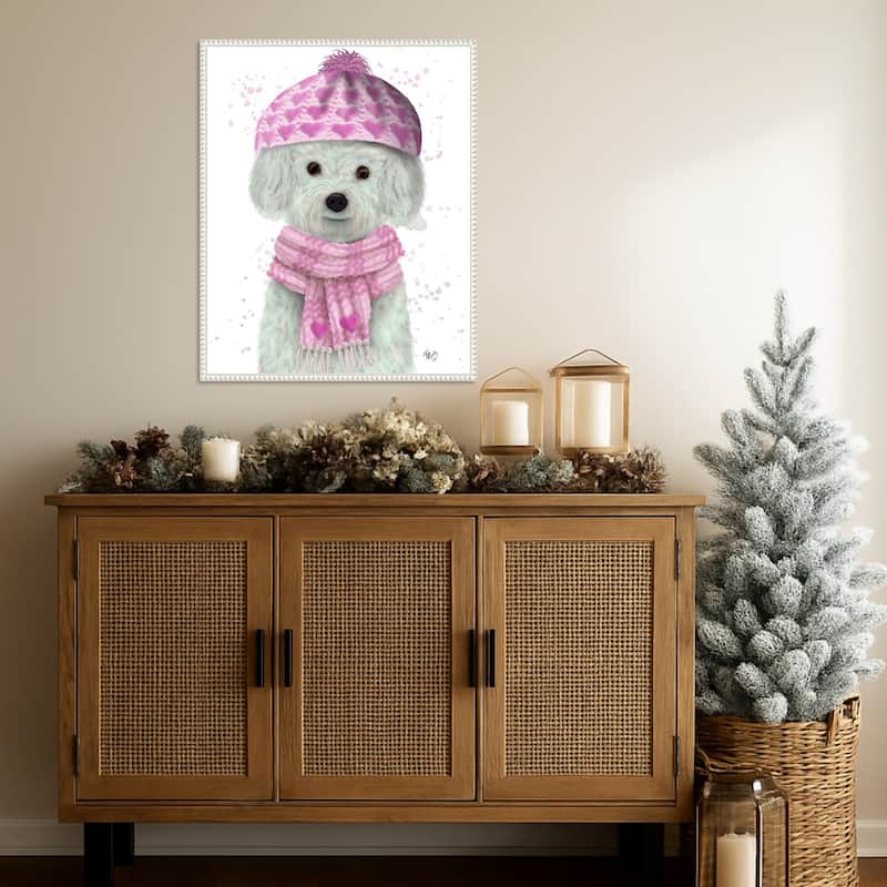 Bichon Frise in Pink Bobble Hat by Fab Funky (23 x 28 in.), Framed Canvas Wall Art Print - Sylvie Beaded White