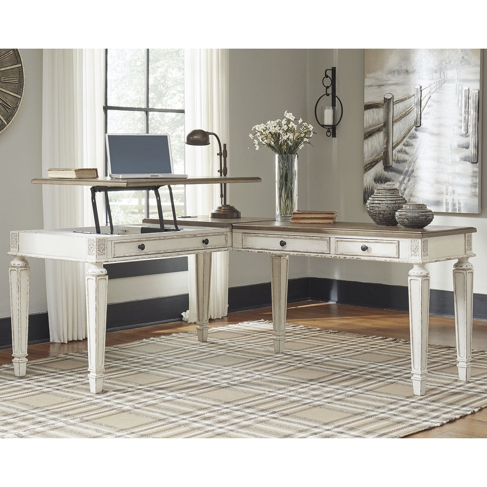 Signature Design by Ashley Realyn Antique White/Brown 2-Piece Home Office Lift Top Desk