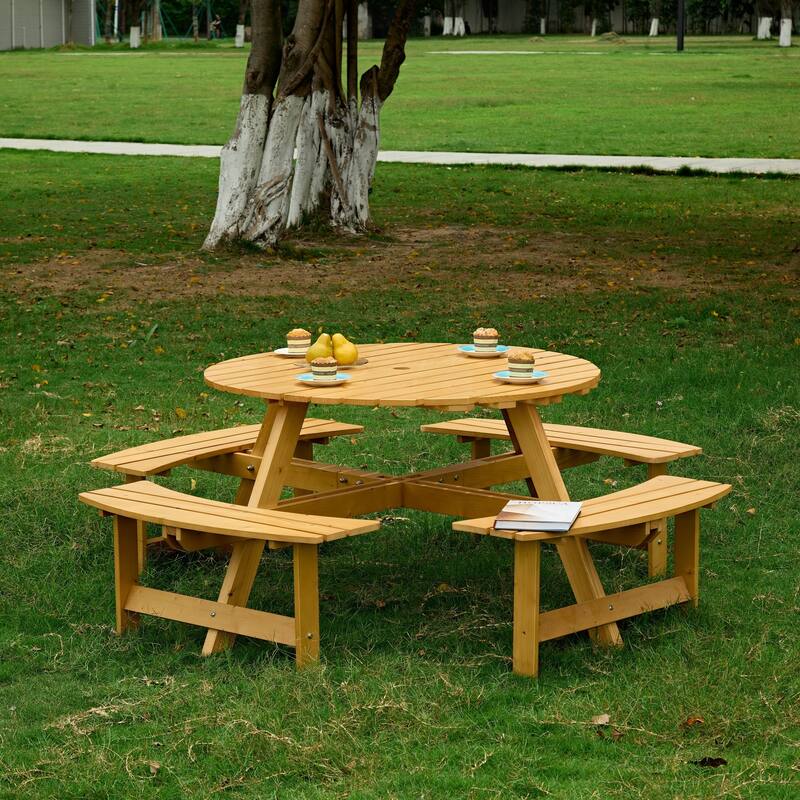 8-Person Outdoor Round Picnic Table Set with Umbrella Hole