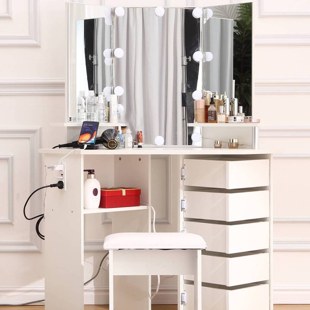 Corner Vanity Makeup Table with Lights, Power Outlet, Drawers