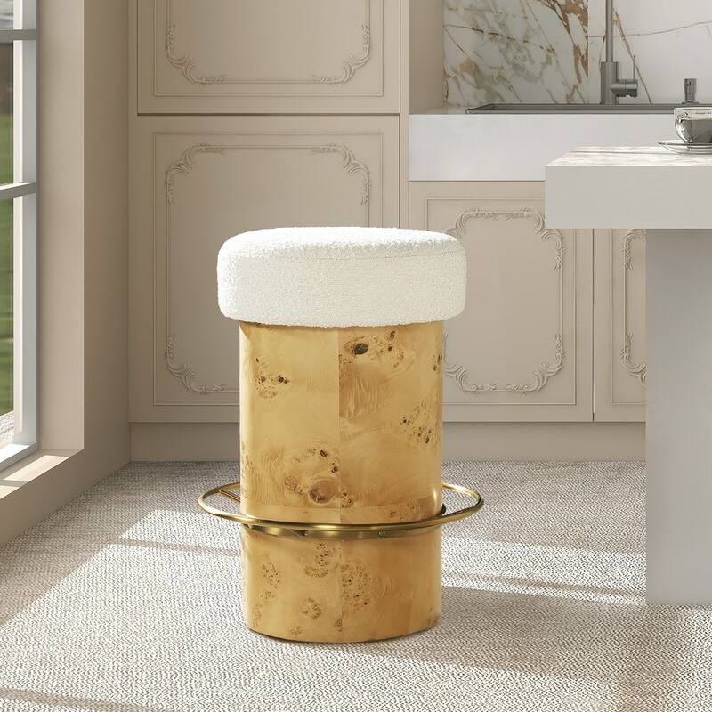 Nebula 26" Burl Wood Boucle Upholstered Counter Height Bar Stool - Single - Ivory White Boucle