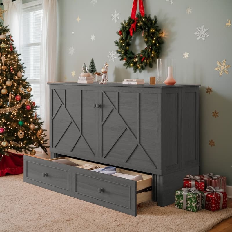 Mixoy Modern Queen Murphy Bed Chest with Mattress and USB ports