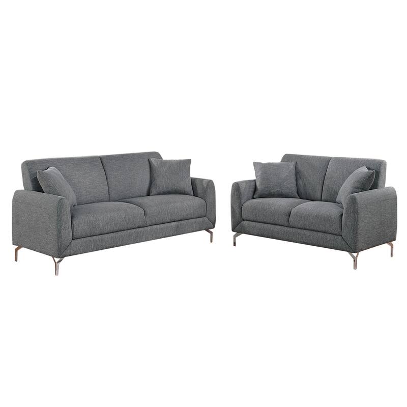 2 Piece Burlap-Like-Fabric Sofa Set with 2 Pillows - Dark Gray/Chrome