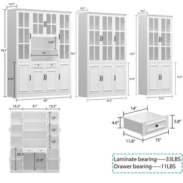 dimension image slide 1 of 9, White Buffet Sideboard & Curio Bookcase Cabinet with Glass Doors
