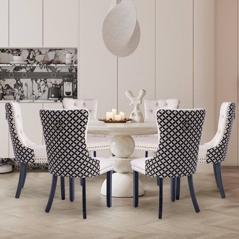Tufted Naliheads Solid Wood Upholstered Dining Chairs Set of 6 - WhitePattern BlackLegs