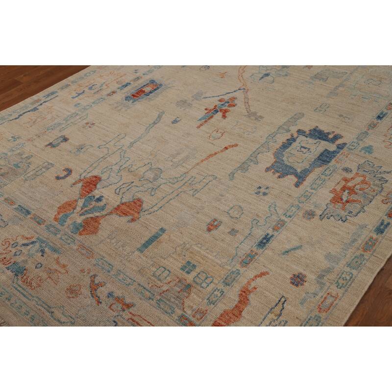 Hand Knotted Oriental 100% Wool Carpet Transitional All-Over Beige & Ivories Oushak Area Rug - 9' 0'' X 5' 11''