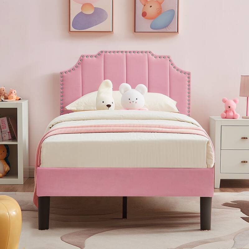 Javlergo Upholstered Platform Bed Frame with Nailhead Trimmed Adjustable Height Headboard, No Box Spring Needed - Pink - Twin
