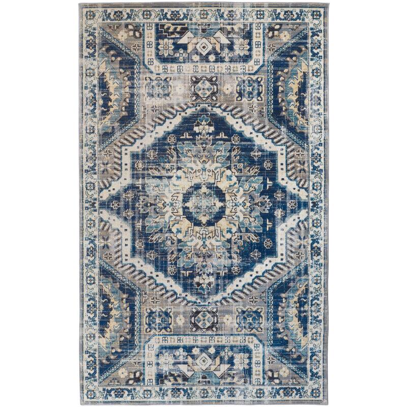Kezia Vintage Style Tribal Kazak Rug, Classic Blue/Opal Gray