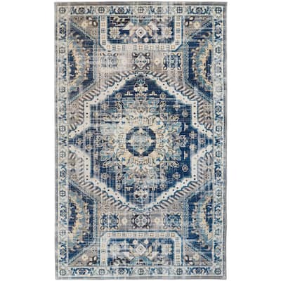 Kezia Vintage Style Tribal Kazak Rug, Classic Blue/Opal Gray
